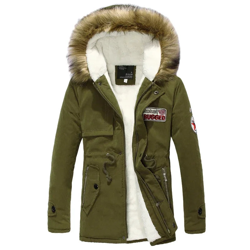 Jaqueta Masculina Com Capuz De Lã Com Zíper Parka Longa Moda Inverno