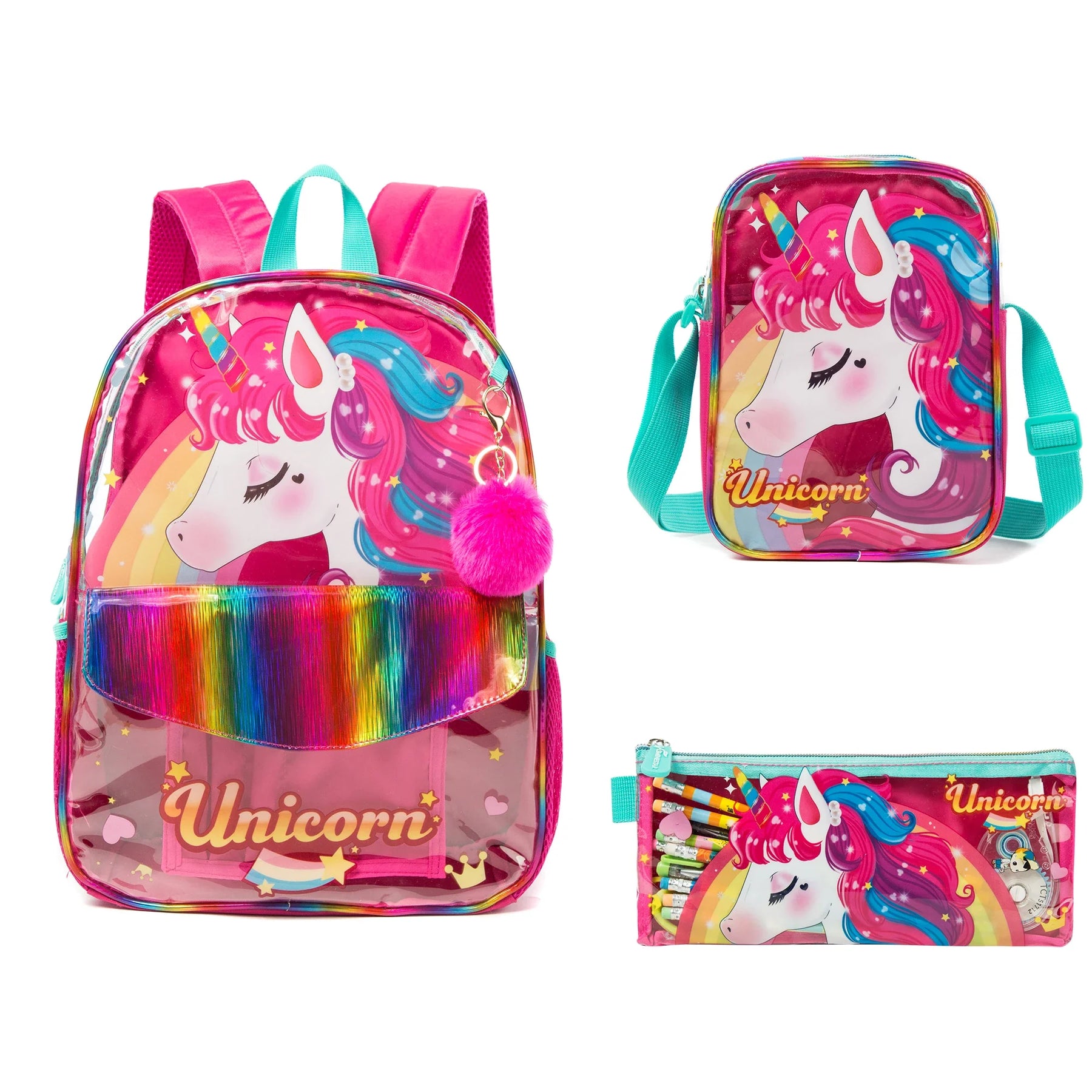 Kit Escolar Infantil de Unicórnio para Meninas com 4 Peças: Mochila, Lancheira, Estojo e Chaveirinho de Brinde