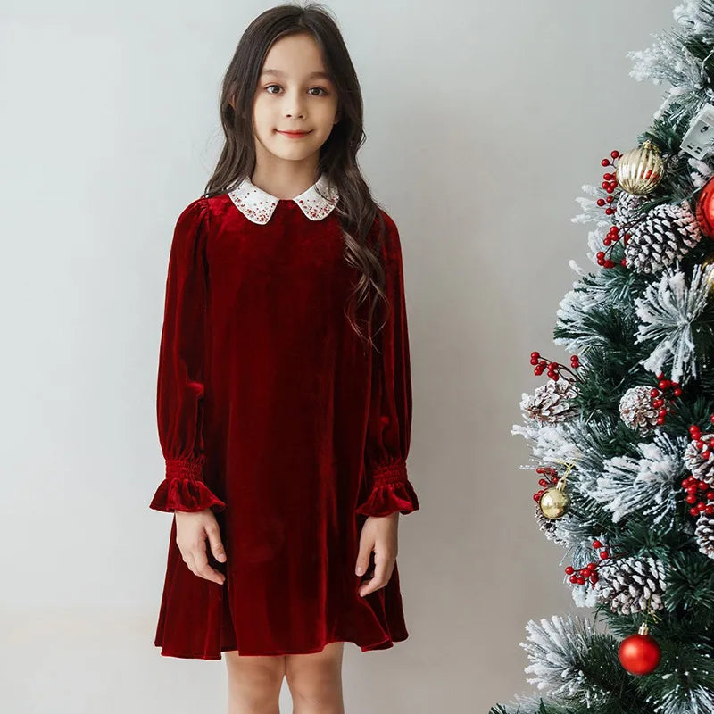 Vestido Infantil de Veludo Manga Comprida 1 a 6 Anos - Moda Natalina