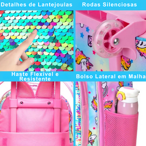 Conjunto 4 Peças de Unicórnio: Mochila de Rodinhas, Lancheira, Estojo e Chaveiro Pompom