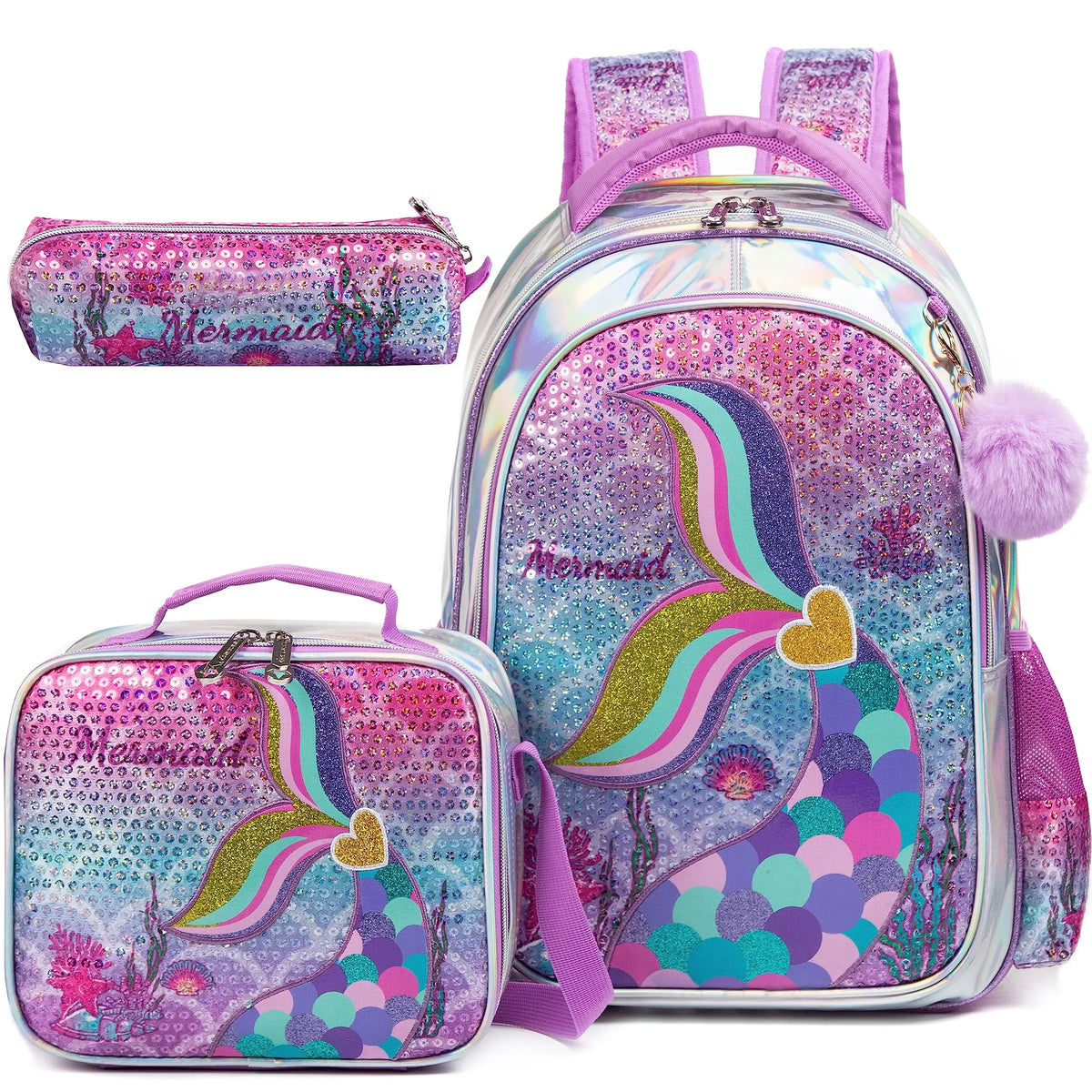 Mochila Escolar Infantil Feminina Sereia  3Pçs