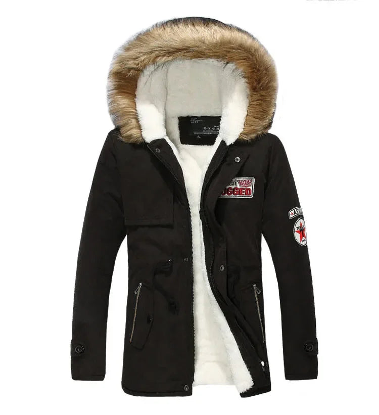 Jaqueta Masculina Com Capuz De Lã Com Zíper Parka Longa Moda Inverno