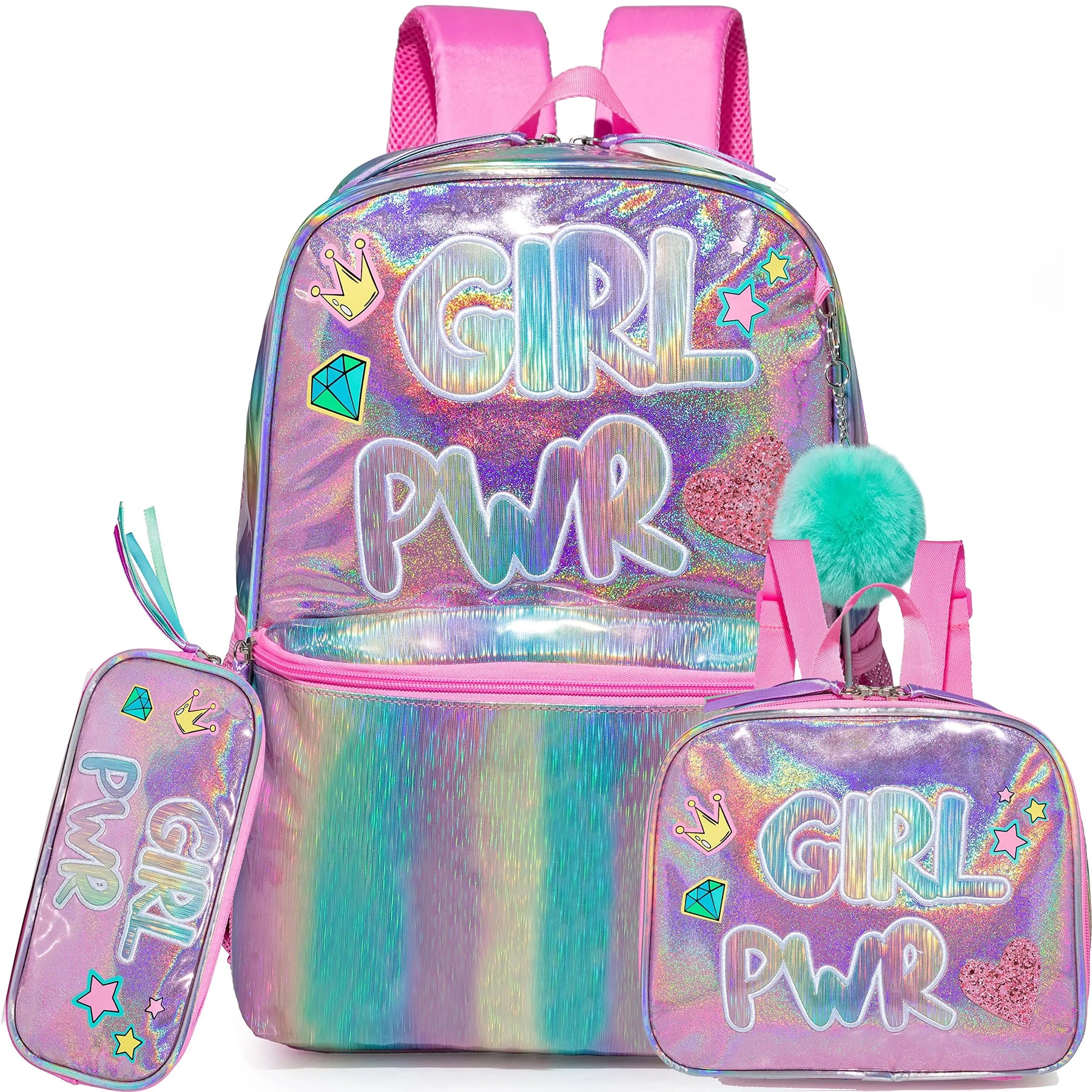 Conjunto Escolar 4 Peças para Meninas: Mochila, Lancheira, Estojo e Pingente