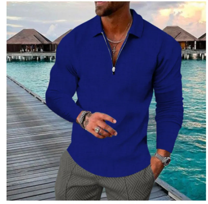 Camisa de Linho Masculina Manga Longa Gola Com Zíper Moda Casual De Luxo