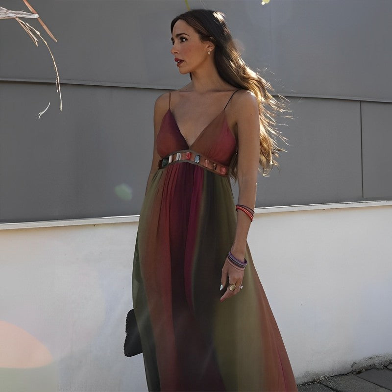 Vestido Longo Chiffon Com Alça Fina Decote V