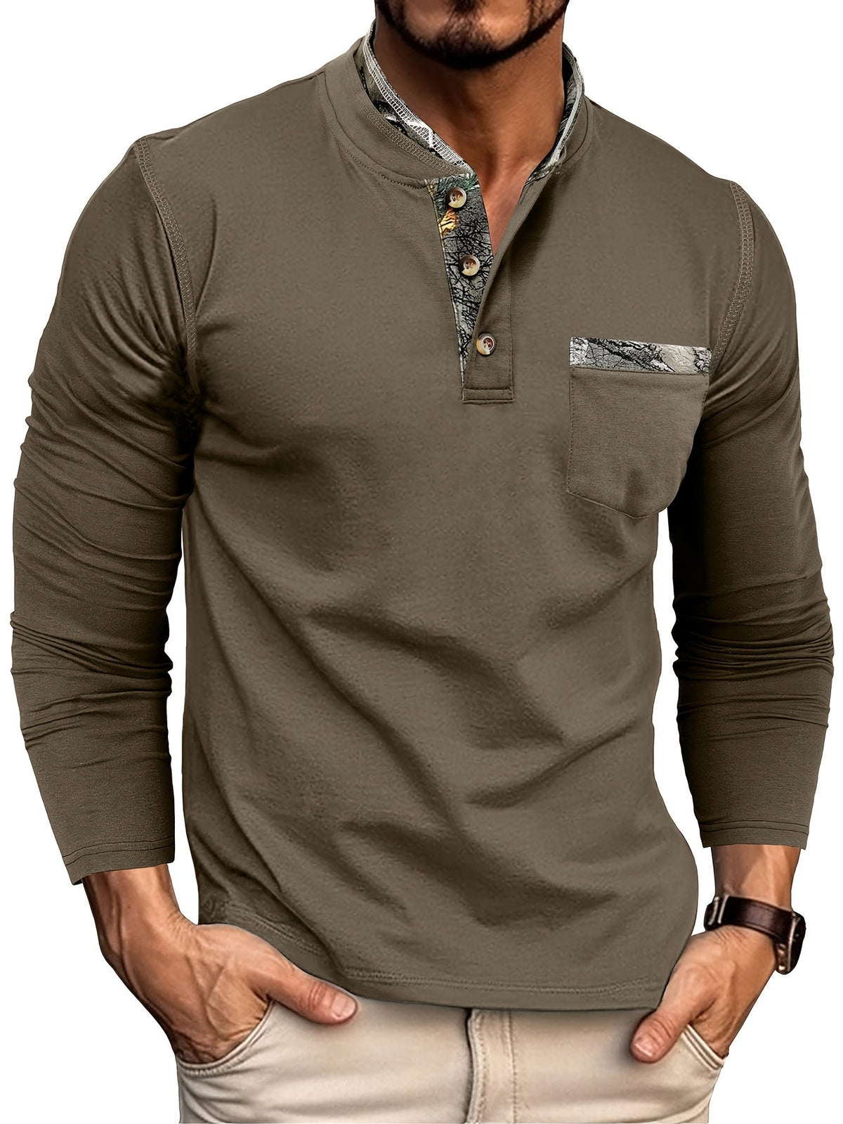 Camisa Masculina Manga Longa Algodão e Linho Gola Redonda Com Detalhes Elegante