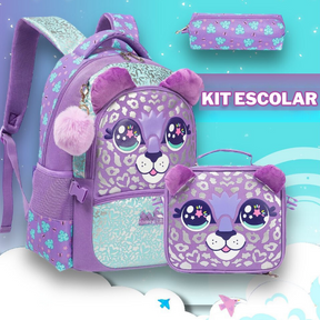 Kit Escolar 4 Peças pra Meninas: Mochila, Lancheira, Estojo e Chaveirinho de Brinde