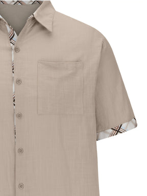 Camisa de Linho Masculina Manga Curta Com Detalhes Contrastantes e Bolso