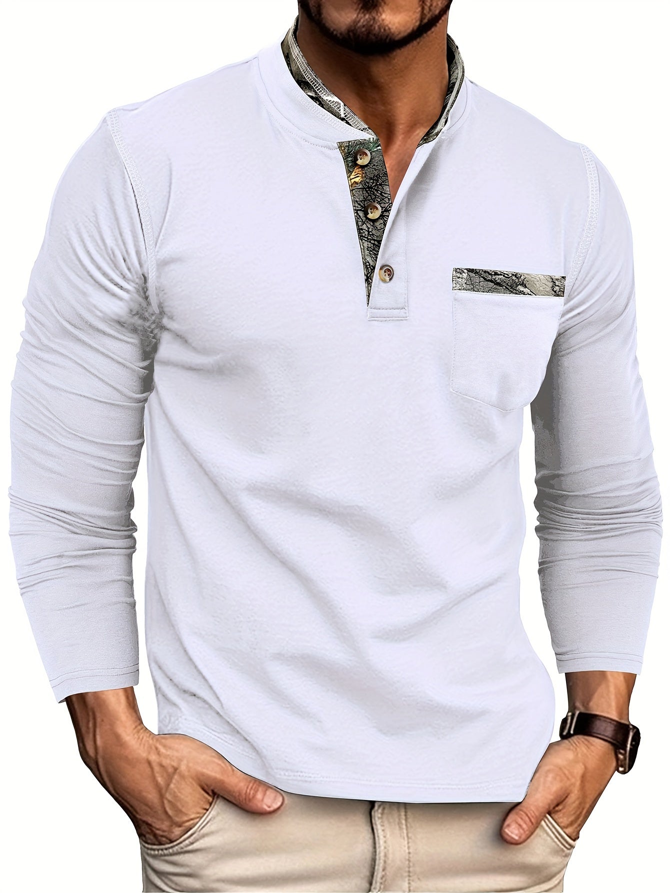 Camisa Masculina Manga Longa Algodão e Linho Gola Redonda Com Detalhes Elegante