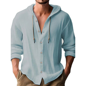 Camisa Masculina de Linho com Capuz Estilo Praiano