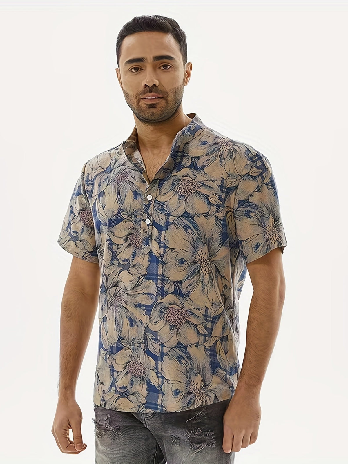 Camisa Masculina Henley Manga Curta Floral Em Algodão e Linho Estilo Casual de Verão