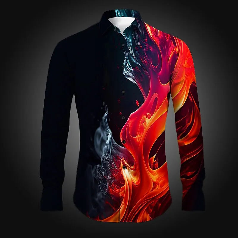 Camisa Masculina Manga Longa Com Estampa de Chamas 3D Exótica