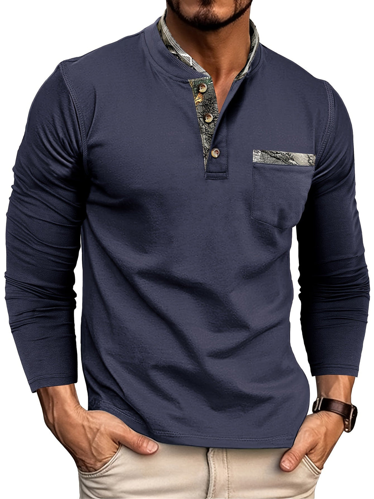 Camisa Masculina Manga Longa Algodão e Linho Gola Redonda Com Detalhes Elegante