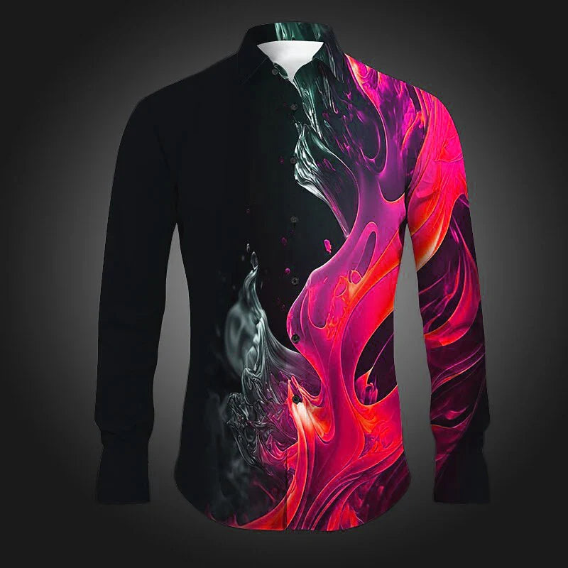 Camisa Masculina Manga Longa Com Estampa de Chamas 3D Exótica