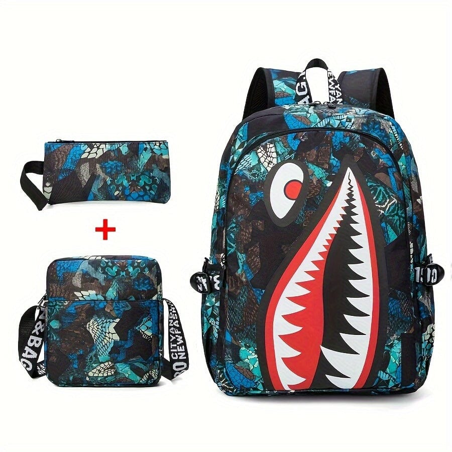 Kit Mochila Escolar Tubarão - Mochila, Lancheira e Estojo