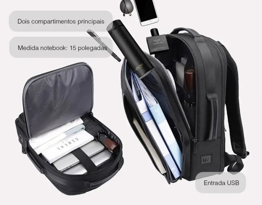 Mochila Executiva Viramelo MCH16 - Notebook 15,6", Impermeável, Trava TSA e Porta USB