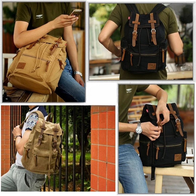 Mochila De Lona Com Detalhes em Couro Vintage Para Notebook até 14"