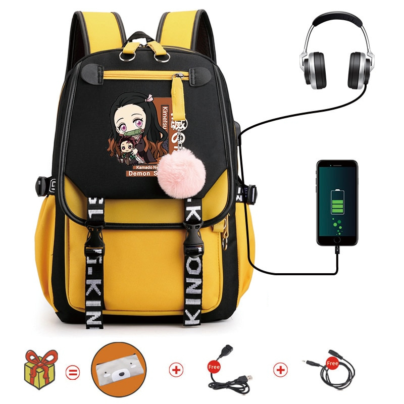 Mochila Escolar Nezuko - Com Entrada de Fone de Ouvido e USB + Brindes - MCH83